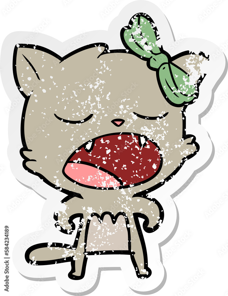 Obraz premium distressed sticker of a cartoon cat meowing