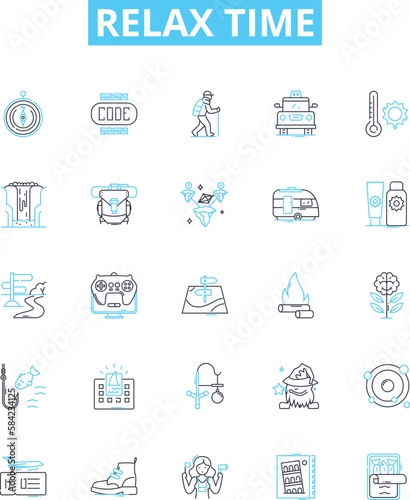 Relax time vector line icons set. Unwind, Recharge, Soothe, Repose, Recline, Tranquilize, Unburden illustration outline concept symbols and signs