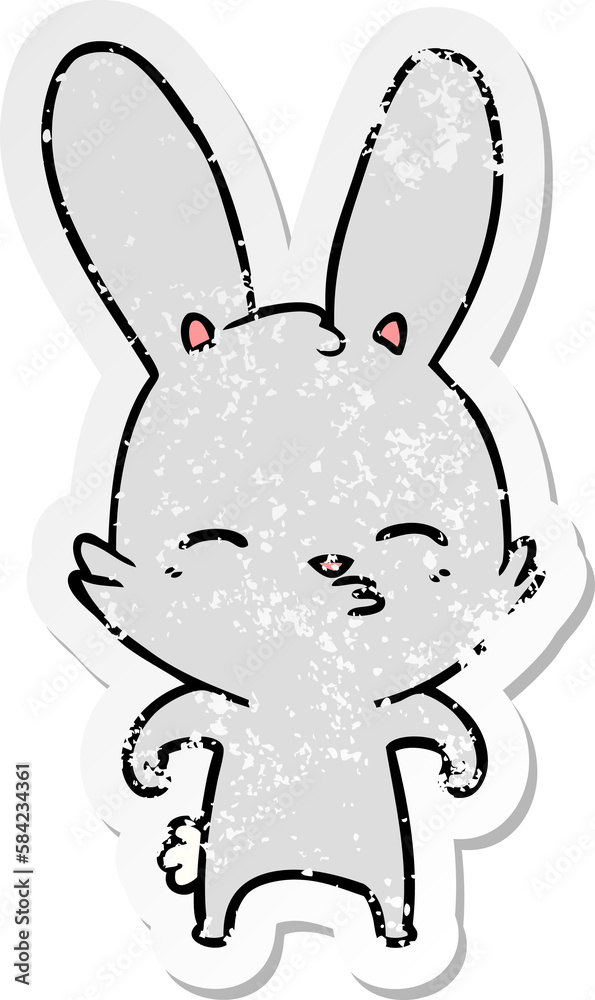 distressed sticker of a curious bunny cartoon distressed sticker of a curious bunny cartoon