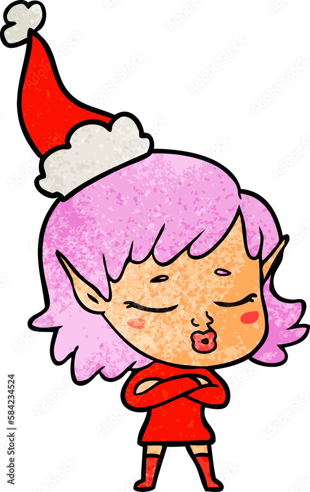 pretty textured cartoon of a elf girl wearing santa hat