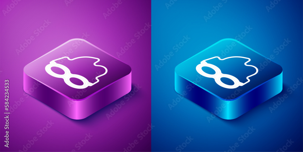 Isometric Glasses for swimming icon isolated on blue and purple background. Swimming goggles. Diving underwater equipment. Square button. Vector Isometric Glasses for swimming icon isolated on blue and purple background. Swimming goggles. Diving underwater equipment. Square button. Vector