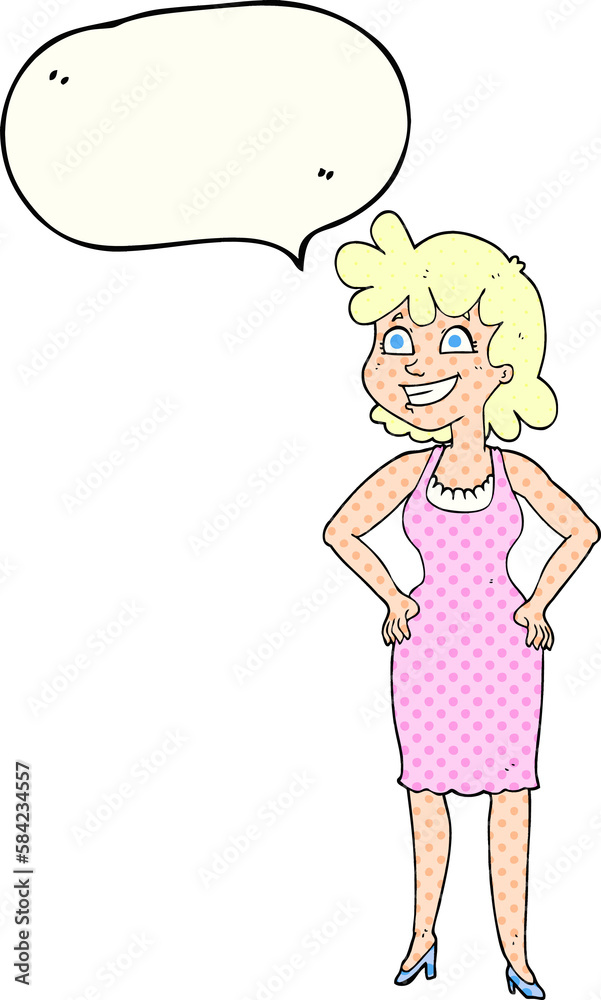 comic book speech bubble cartoon happy woman wearing dress comic book speech bubble cartoon happy woman wearing dress