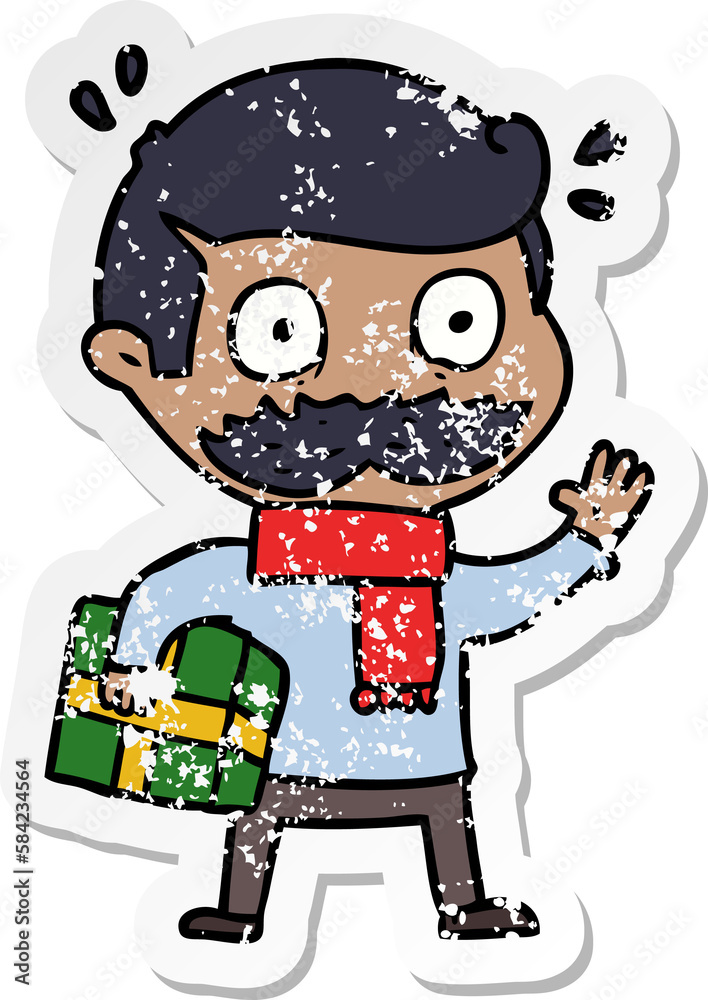 distressed sticker of a cartoon man with mustache and christmas present