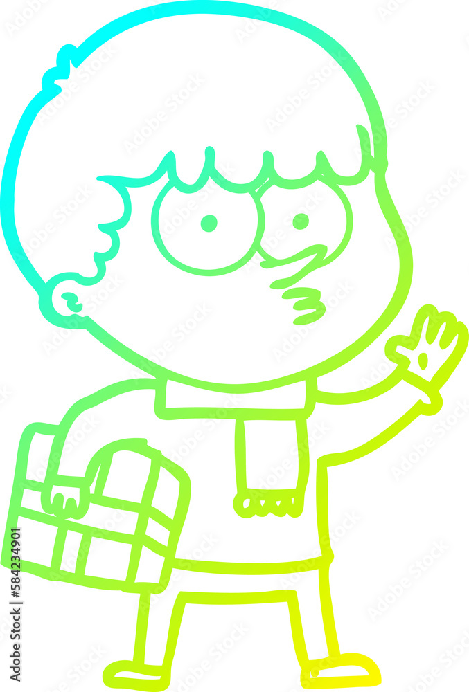 cold gradient line drawing cartoon curious boy carrying a gift cold gradient line drawing cartoon curious boy carrying a gift