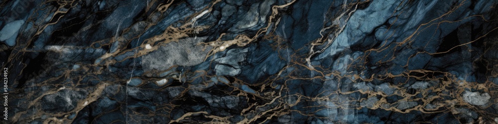 Navy Marble Stone Texture  Panoramic Banner. Generative AI