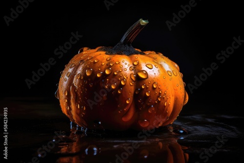 Orange Pumpkin With Drops On Black Gradient Background. Generative AI