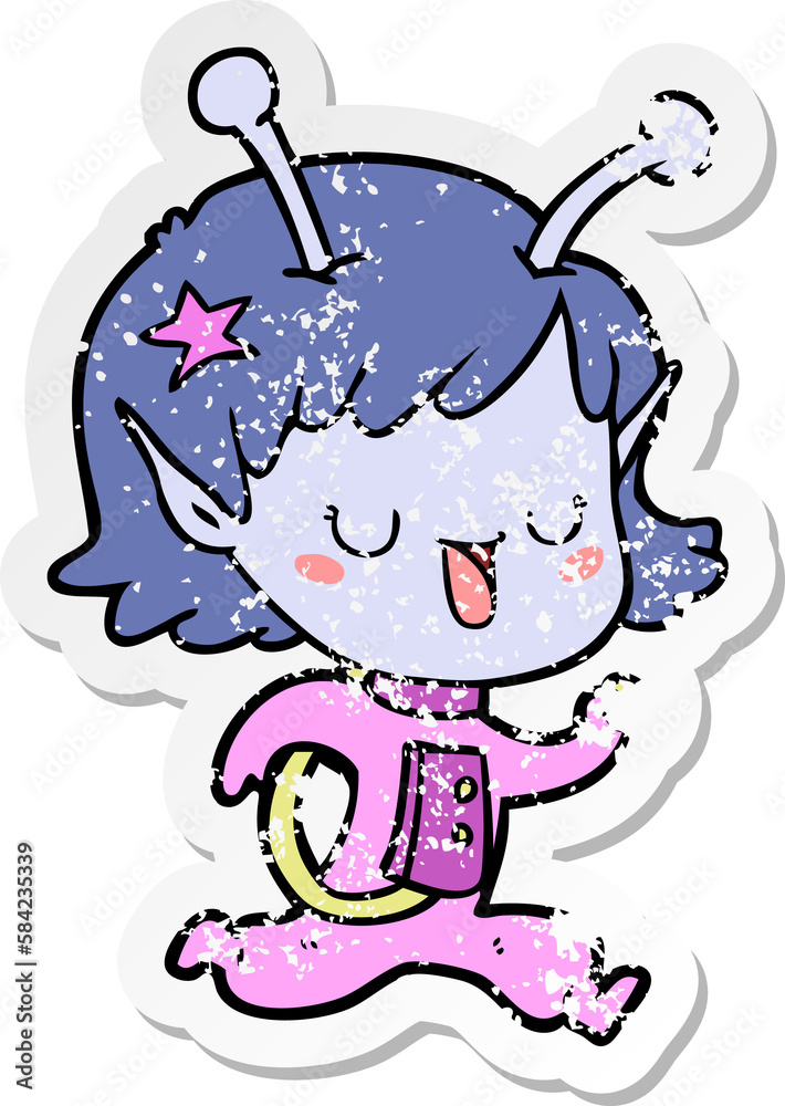 distressed sticker of a happy alien girl cartoon distressed sticker of a happy alien girl cartoon