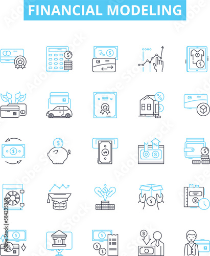 Financial modeling vector line icons set. Cashflow, Forecasting, Securities, Valuation, Analysis, Arithmetic, Budgeting illustration outline concept symbols and signs