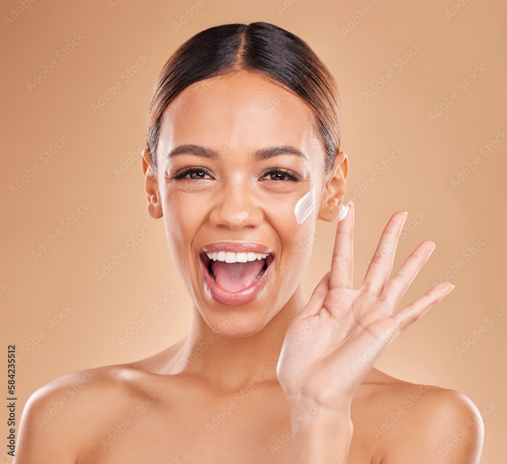Woman, skincare cream and excited in portrait for beauty, wellness or self care by studio background. Girl, model or happy with cosmetic skin product for natural glow, collagen or dermatology benefit Woman, skincare cream and excited in portrait for beauty, wellness or self care by studio background. Girl, model or happy with cosmetic skin product for natural glow, collagen or dermatology benefit