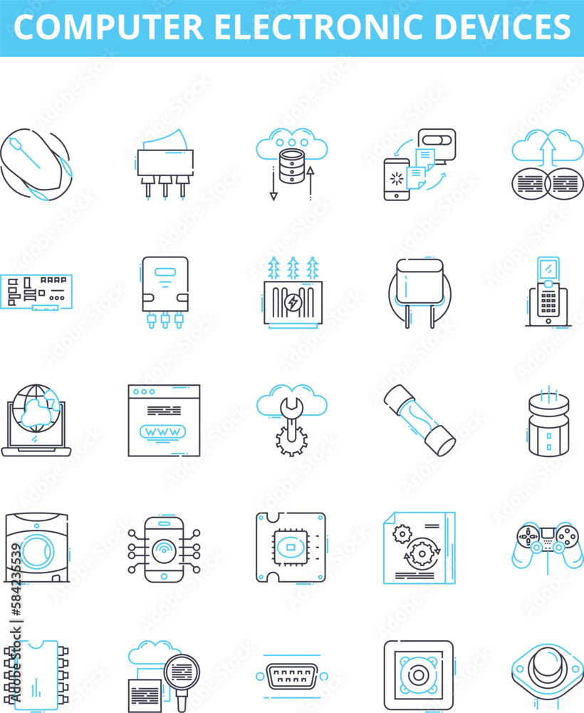 Computer electronic devices vector line icons set. Laptop, Desktop, Monitor, Printer, Keyboard, Mouse, Router illustration outline concept symbols and signs