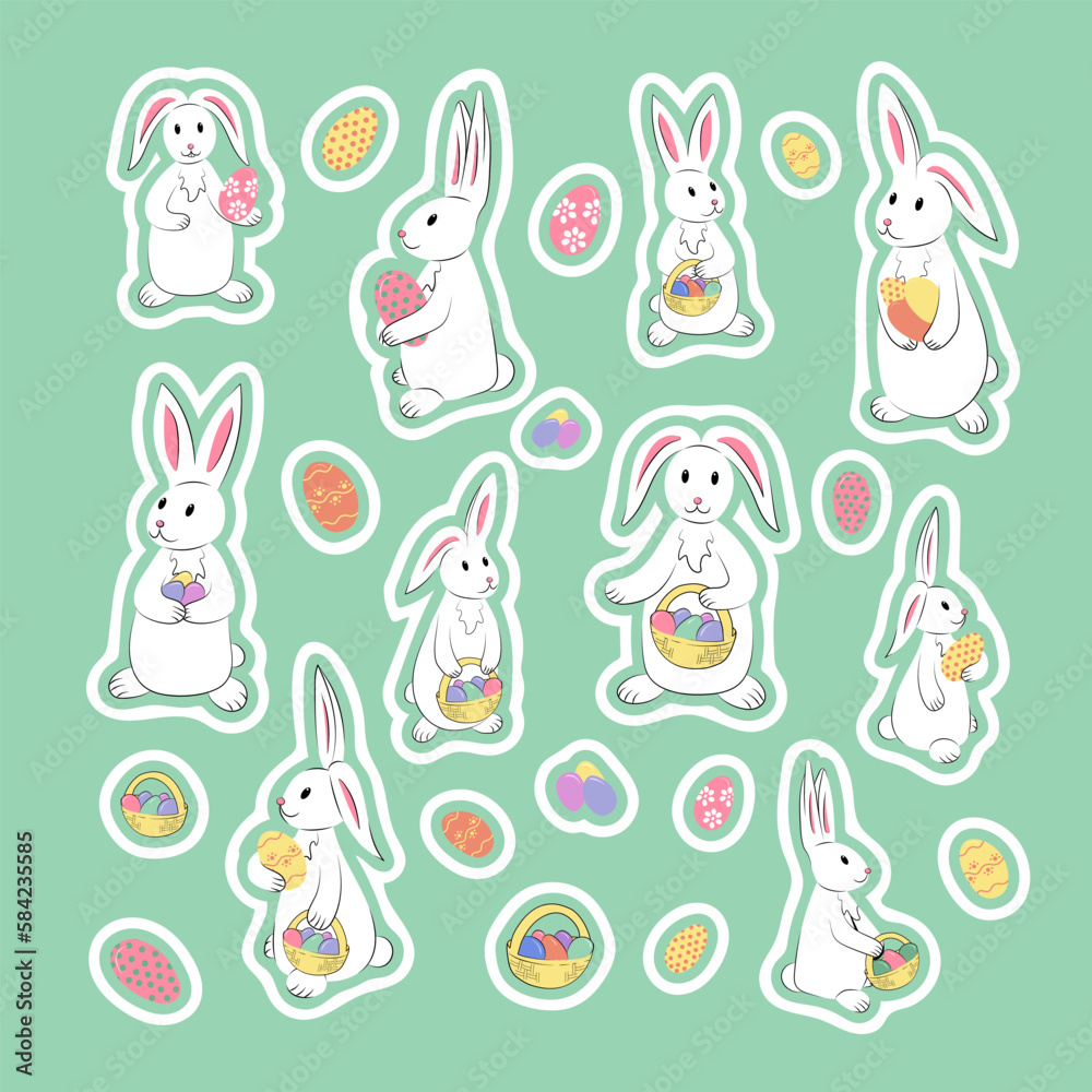 Collection of hand drawn easter bunnies with eggs