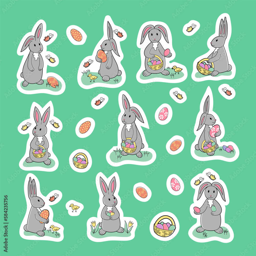 Cartoon grey hand drawn easter bunnies with eggs