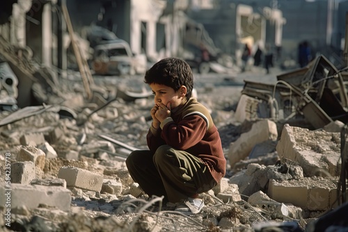 Leinwand Poster a sad boy standing in front of collapse buildings area, natural disaster or war