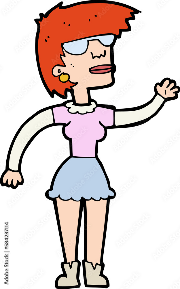 cartoon woman in spectacles waving