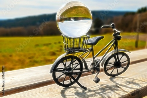 a small decorative bicycle with a glass ball with neon style
