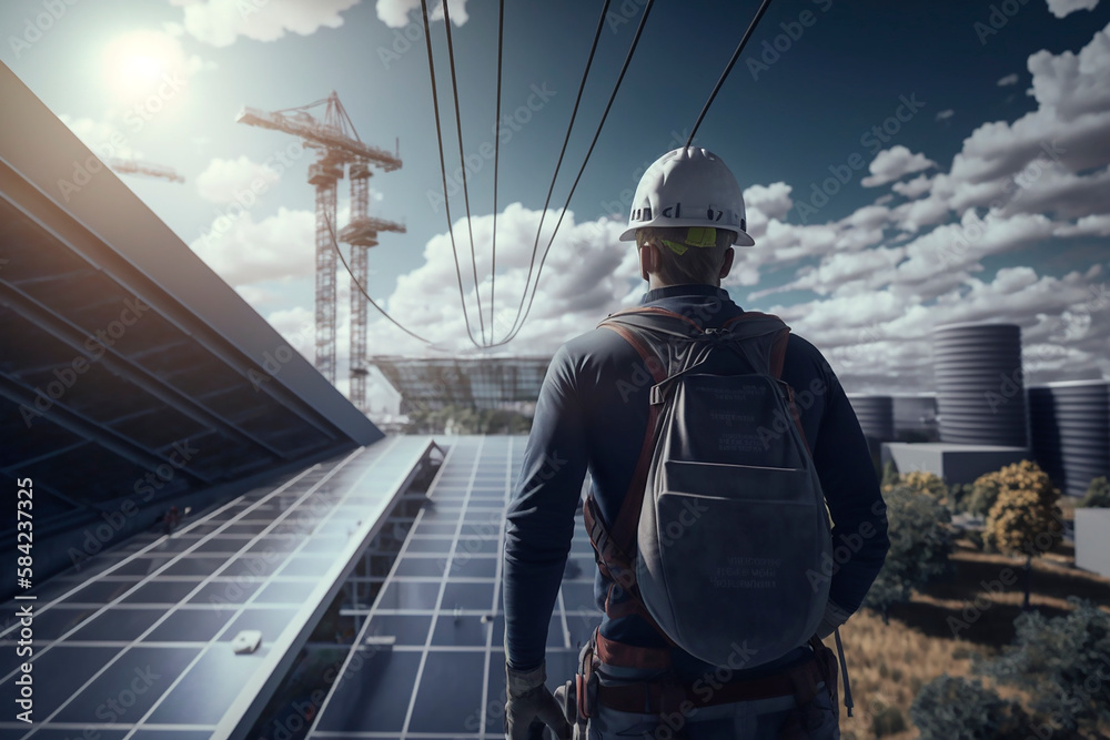 A man building a back view installs solar panels on the roof of a building, solar green eco-energy of the future. The energy concept of the future. Generative AI. A man building a back view installs solar panels on the roof of a building, solar green eco-energy of the future. The energy concept of the future. Generative AI.
