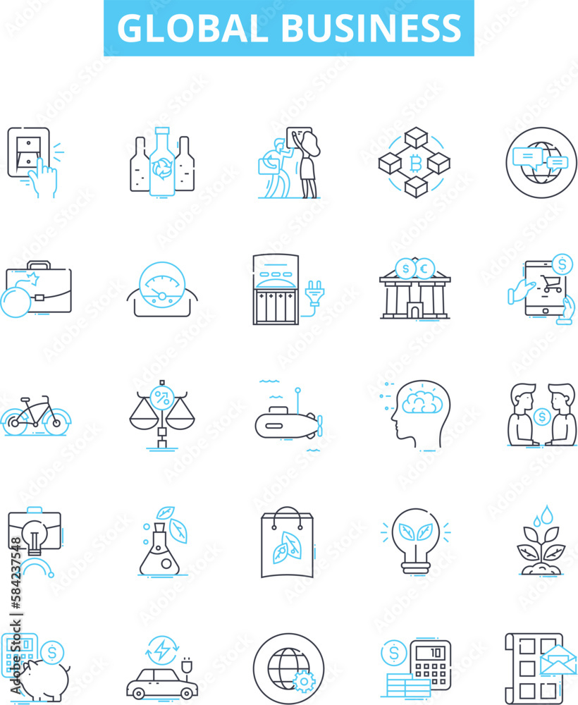Global business vector line icons set. Global, business, international, economy, marketing, trade, commerce illustration outline concept symbols and signs
