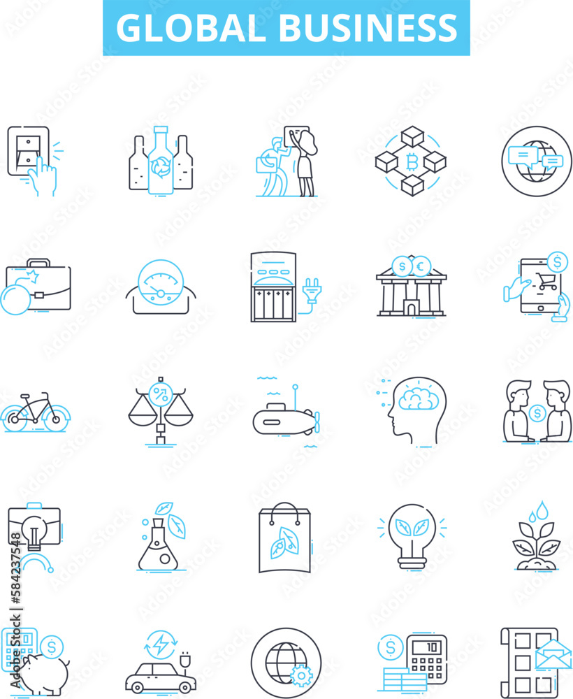 Global business vector line icons set. Global, business, international, economy, marketing, trade, commerce illustration outline concept symbols and signs Global business vector line icons set. Global, business, international, economy, marketing, trade, commerce illustration outline concept symbols and signs