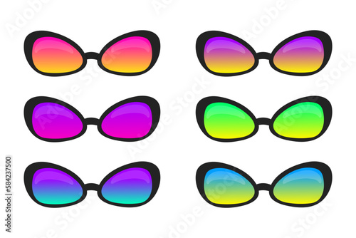 Set of 6 elements on a white background. Fashionable sunglasses with multicolored gradient lenses.