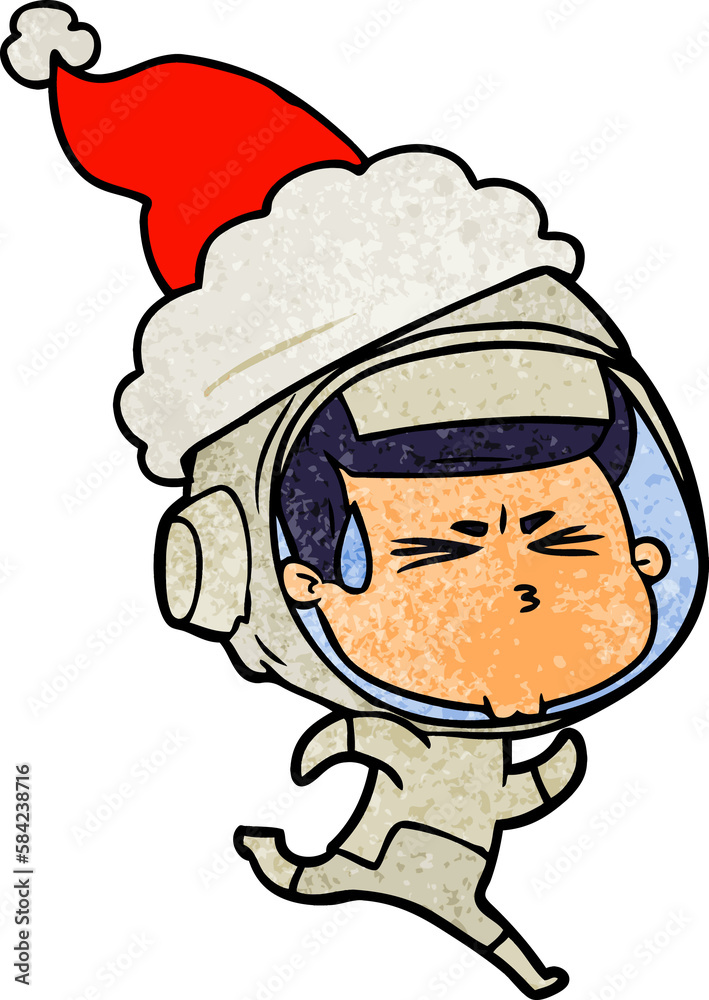 Fototapeta premium textured cartoon of a stressed astronaut wearing santa hat