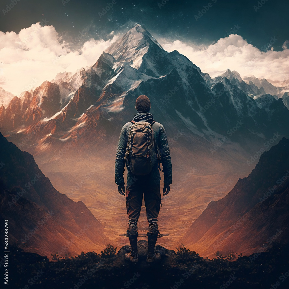 A traveler standing near a mountain. Generative Ai