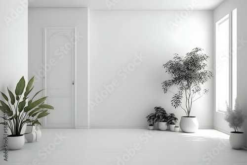 White wall empty room with plants backdrop, Minimal room corner background mockup for product presentation or branding with cozy soft sunlight