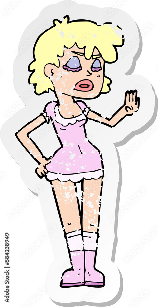 retro distressed sticker of a cartoon woman making dismissive gesture retro distressed sticker of a cartoon woman making dismissive gesture