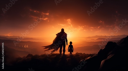 Father and his daughter playing outdoors. Daddy and his child girl in an Superhero s costume