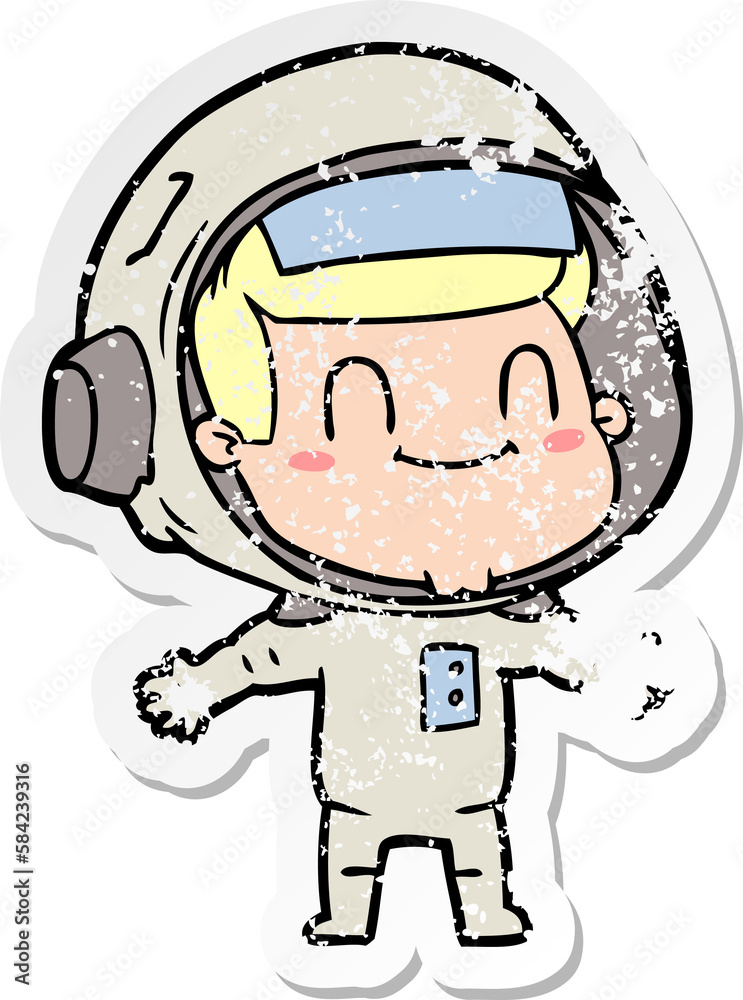 distressed sticker of a happy cartoon astronaut man distressed sticker of a happy cartoon astronaut man