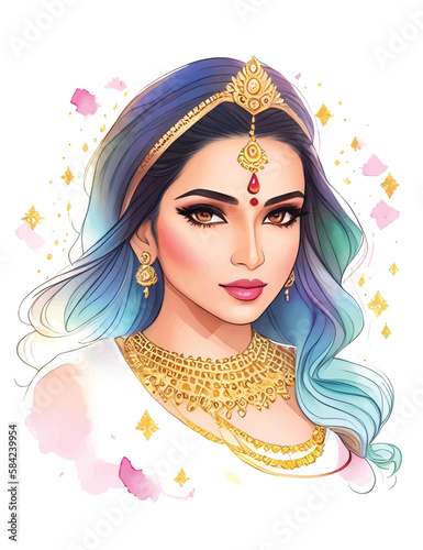 Watercolor indian woman. Painting fashion illustration. Hand drawn portrait of pretty girl on white background