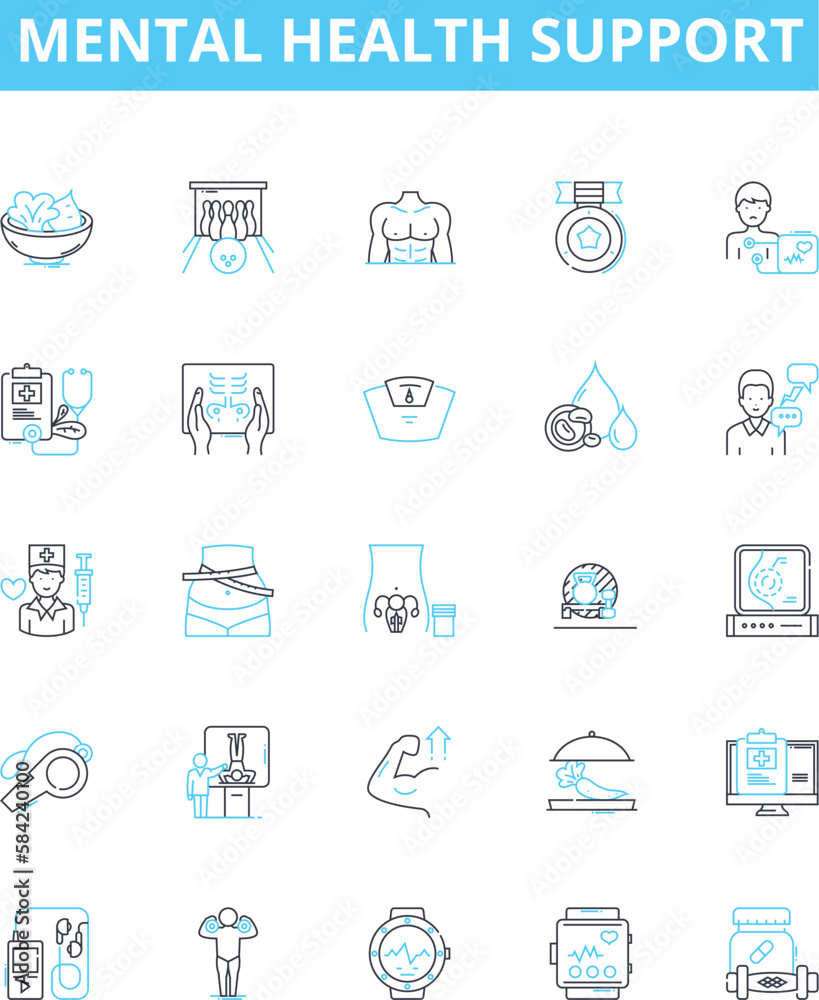 Mental health support vector line icons set. Counseling, Therapy, Psychotherapy, Mentalcare, Treatments, Wellness, Therapists illustration outline concept symbols and signs