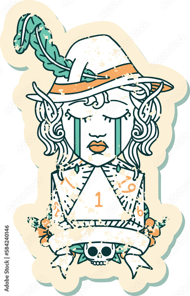 crying elf bard character with natural one D20 roll illustration crying elf bard character with natural one D20 roll illustration