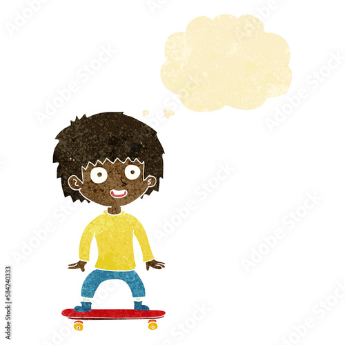 cartoon boy on skateboard with thought bubble
