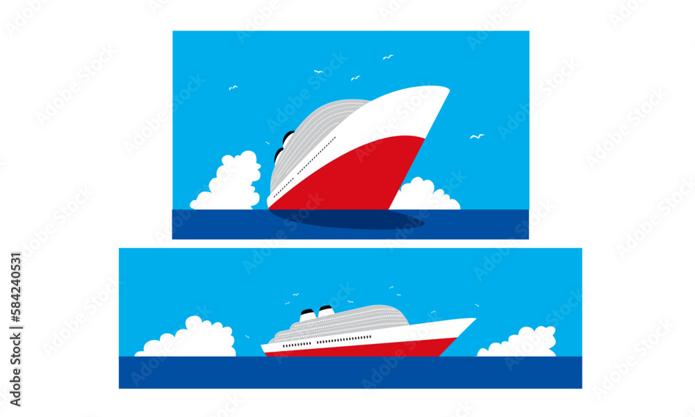 海に浮かぶ白い豪華客船とカモメのイラスト