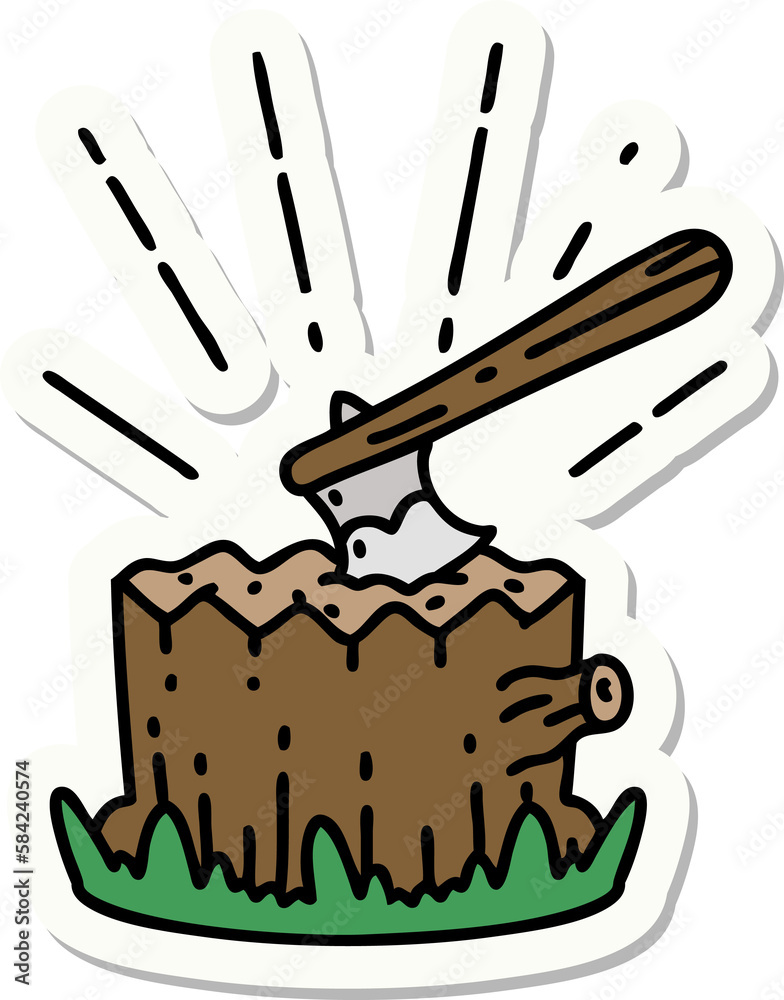 sticker of tattoo style axe in tree stump sticker of tattoo style axe in tree stump