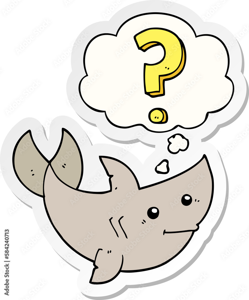 cartoon shark asking question and thought bubble as a printed sticker cartoon shark asking question and thought bubble as a printed sticker