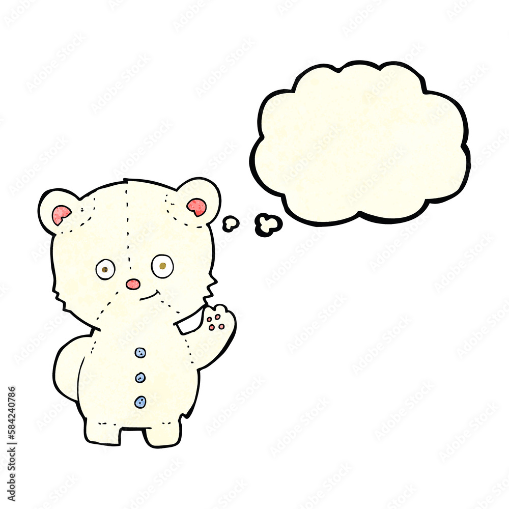 cartoon waving polar bear cub with thought bubble