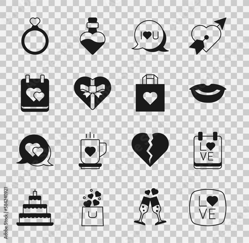 Set Love text, Calendar with February 14, Smiling lips, Speech bubble I love you, Candy heart shaped box, Wedding rings and Shopping bag icon. Vector