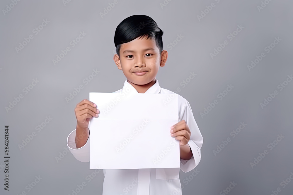 An asian boy showing a blank paper, isolated. AI generative image. An asian boy showing a blank paper, isolated. AI generative image.