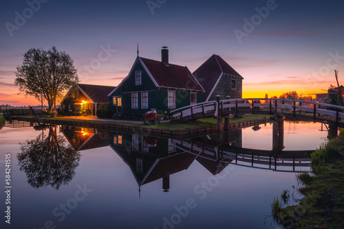 Morning at Zaanse Schans in the Netherlands - it is one of the most beautifully located open-air museums in Europe. Here we will find classic Dutch buildings.