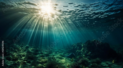 Underwater Deep Water Abyss With Blue Sunlight in the sea