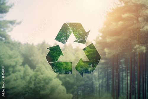 Recycling symbol on nature background. Environment protection and ecology concept. AI generative image.