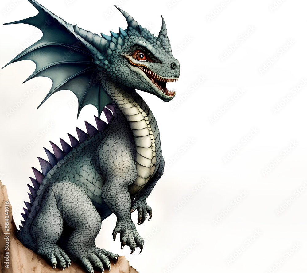 Fototapeta premium majestic cute dragon on white background, space for text, generative ai
