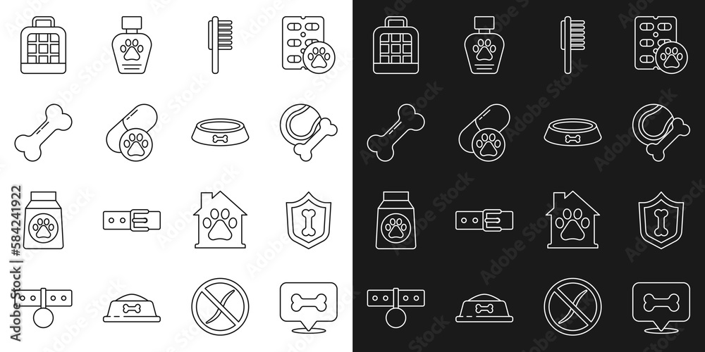Set line Dog bone, Animal health insurance, Pet toys rubber and ball, Pets vial medical, pill, carry case and food bowl icon. Vector Set line Dog bone, Animal health insurance, Pet toys rubber and ball, Pets vial medical, pill, carry case and food bowl icon. Vector