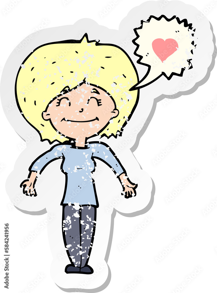 Obraz premium retro distressed sticker of a cartoon happy woman in love