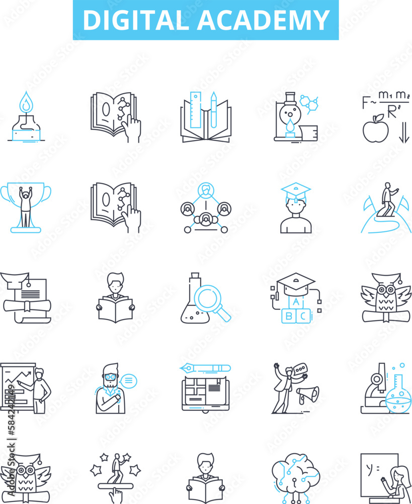 Digital academy vector line icons set. Digital, Academy, Online, Course, Learning, Education, School illustration outline concept symbols and signs Digital academy vector line icons set. Digital, Academy, Online, Course, Learning, Education, School illustration outline concept symbols and signs