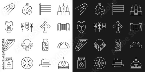 Set line King crown, Dumpling, Accordion, National Russia flag, Wheat, Bear head, Satellite and Christian cross icon. Vector