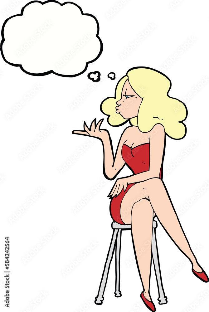 Obraz premium cartoon woman sitting on bar stool with thought bubble