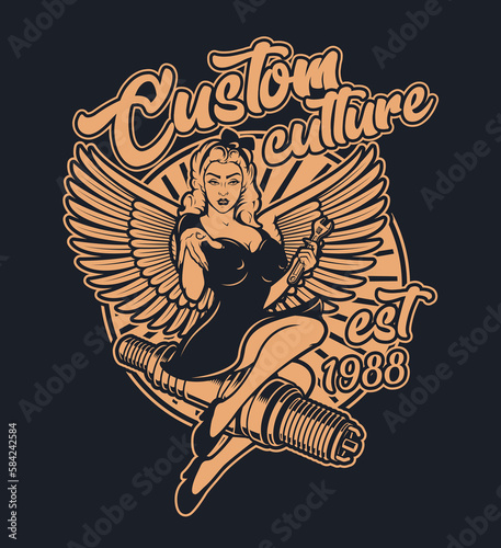  Vintage illustration pin up girl on a spark plug for dark background.