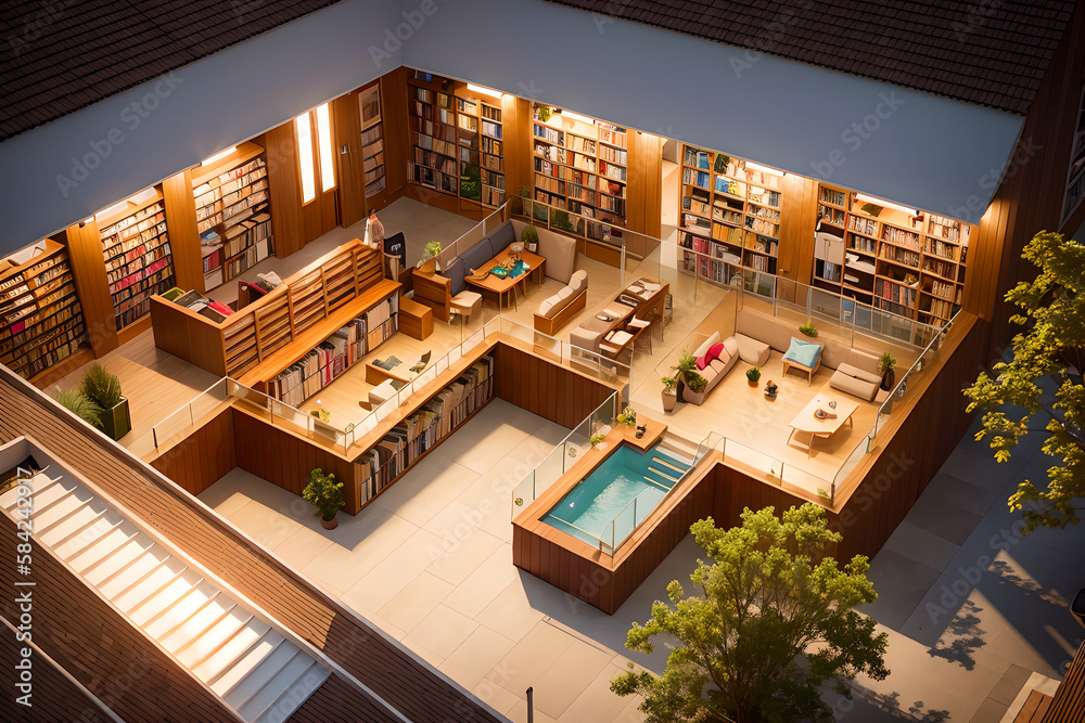 A wooden library with many books, with tables and chairs to sit and read. and have a swimming pool